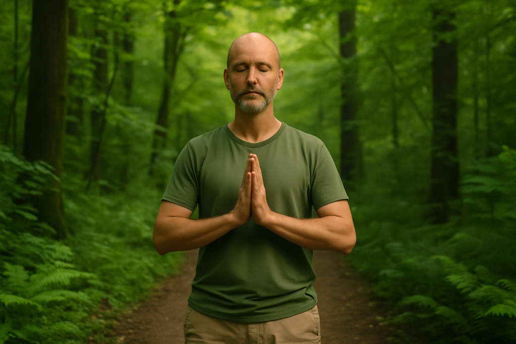 Yeşil tonlarda ormanda yürüyen kişi, sabah ışığında mindfulness pratiği