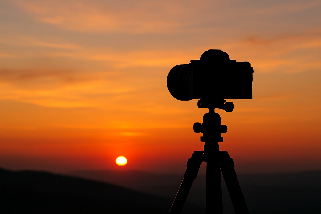 Günbatımında tripod üzerinde duran profesyonel kamera silueti