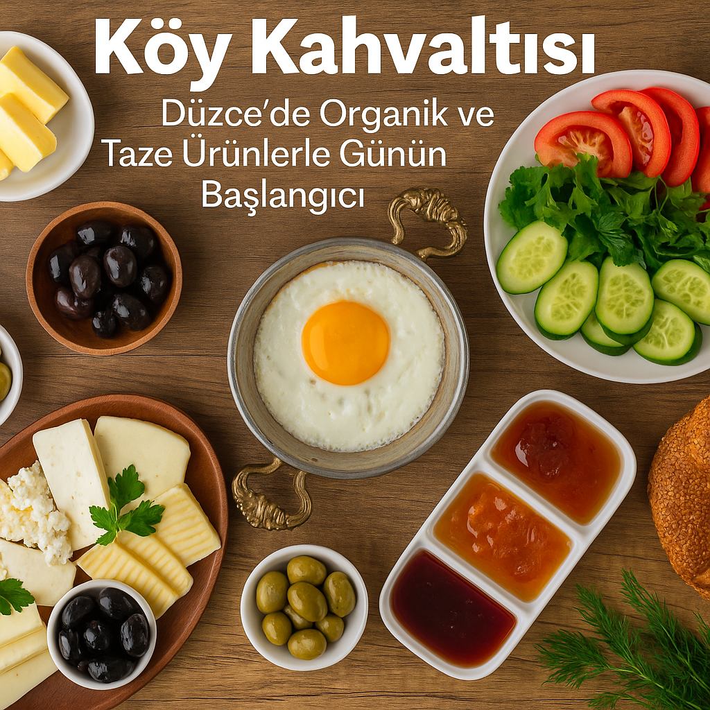 Köy kahvaltısı sofrası: sahanda yumurta, peynir çeşitleri, zeytin, salatalık, domates ve reçeller