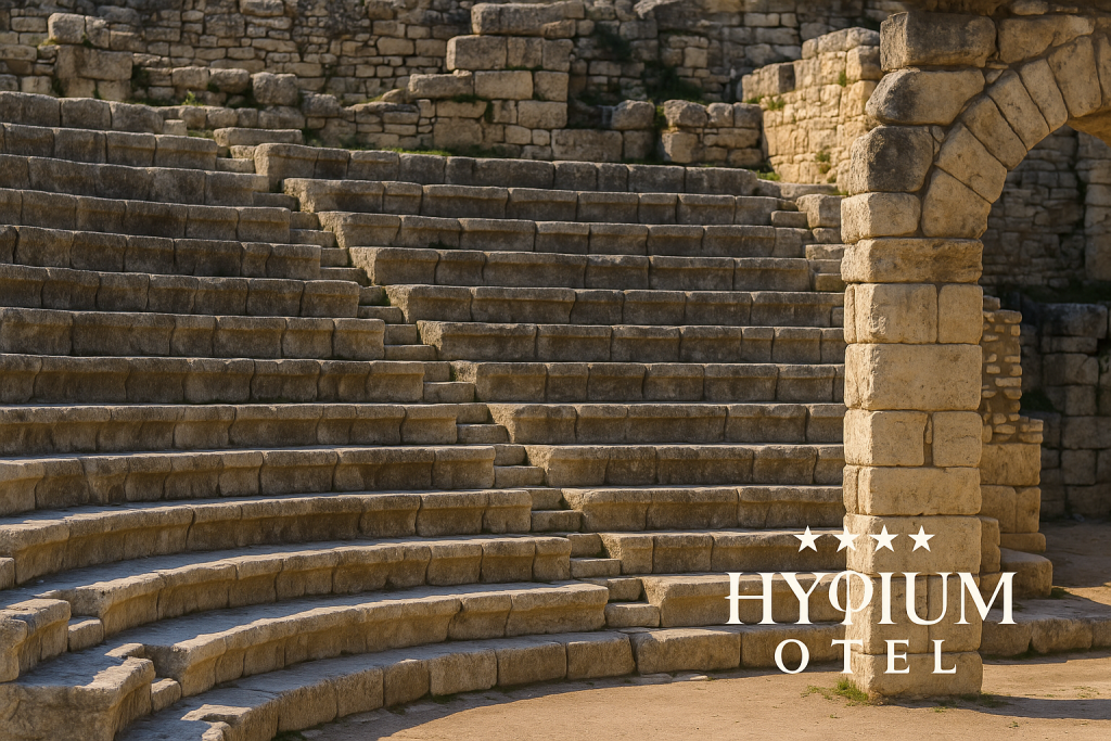 Prusias ad Hypium antik kenti taş basamakları ve kemer detayı, sağ alt köşede Hypium logosu