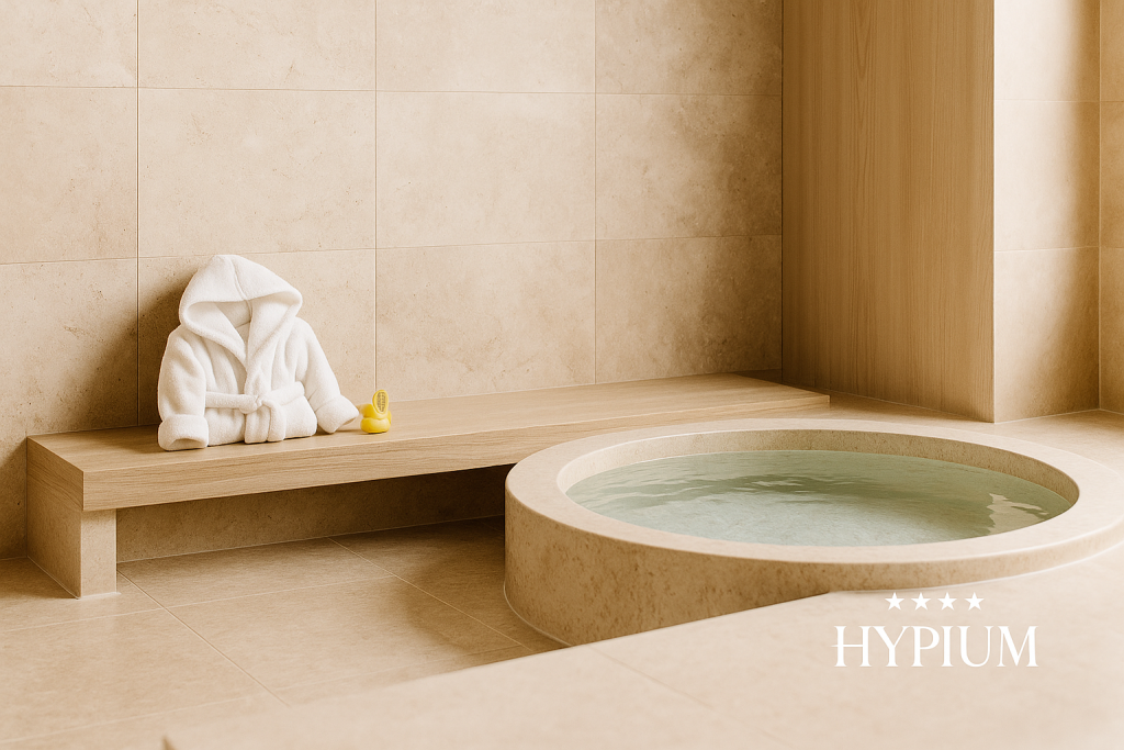 Yuvarlak havuzlu minimalist spa odası, bankta bebek bornozu ve termometre; sağ altta transparan Hypium logosu