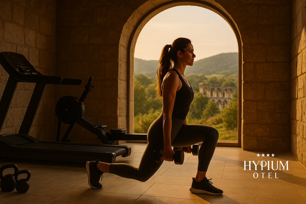 Taş duvarlı Hypium Otel fitness alanında dambıl ile lunge yapan kadın; kemerli pencereden antik kalıntılar ve orman manzarası görünür, sağ altta transparan Hypium logosu
