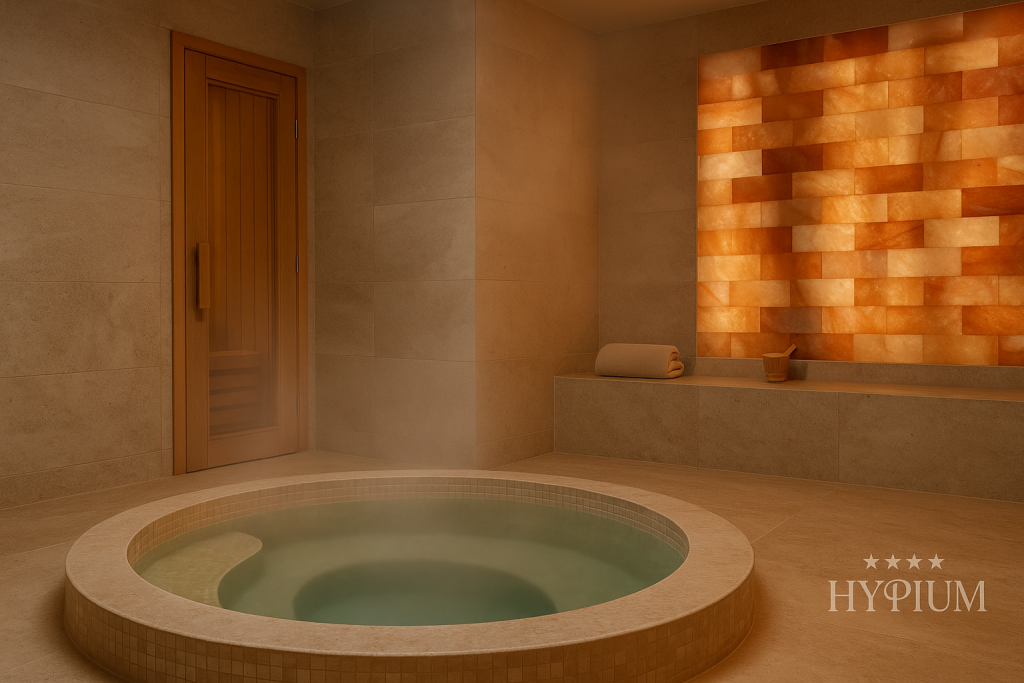 Minimalist spa odasında hamam esintili traverten yüzeyler, yuvarlak sıcak havuz ve sağ altta Hypium logosu